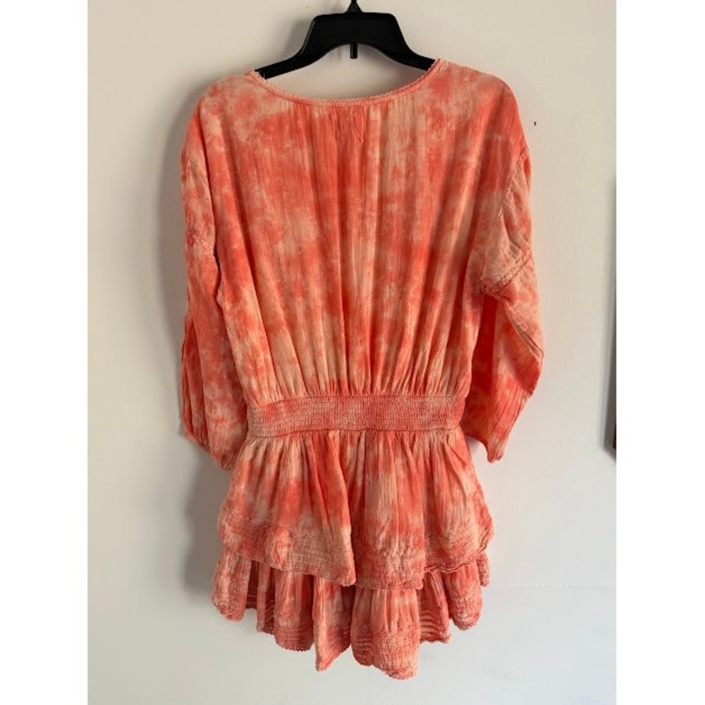 Boho Tie Dye Aerie Smocked Ruffle Mini Dress Womens Medium Coral - Picture 8 of 10